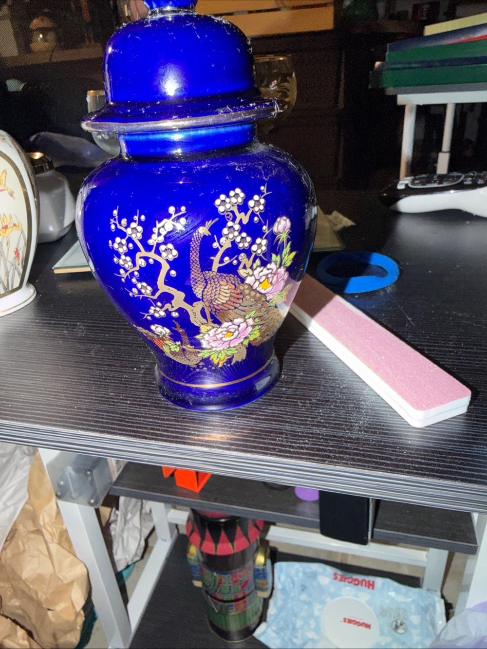 Cobalt Blue Decorative Ginger Jar with Floral & Peacock Motif
